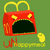 Red cartoon box with yellow handles, black mouth, and yellow eyes on green background, with yellow hand and red-yellow text below.