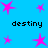 Blue background with pink star shapes and repeated text "destiny" in black pixelated font across four