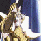 Animated sequence of a golden-armored figure with winged helmet and white beard, performing energy-based attacks against a blue-curtained backdrop.