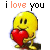 Four 50x50 pixel animated frames arranged in a contact sheet showing a yellow emoji character holding a red heart with changing text colors above it.