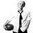 Black-and-white pixelated icon of a figure holding a microphone with one hand and a circular object in the other, rendered in low-resolution grayscale with visible dithering and anti-aliased edges.
