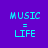 six identical displays 'MUSIC = LIFE' text in cyan pixelated font on a purple background, with white rectangular overlays partially covering some letters