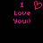 Pixelated pink text and heart symbol on black background, with 'I Love You:)' displayed twice.
