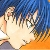 Pixelated character with light skin and long hair in a white sleeveless top against blue and orange background