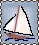 Pixelated sailboat icon with white sails and brown hull on blue water, transitioning to lettered and back to sailboat
