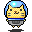 Pixel art animation of a yellow cat-like character with blue hair and gray pants in six frames showing subtle facial expression changes.