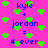 Pixelated text on bright pink background with green heart shapes, displaying 'kyle + jordan = 4 ever' repeated twice.