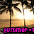 Animated beach scene with palm trees and a sunset, featuring text that cycles through multiple colors.