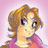 Pixelated icon of a character with brown hair in an updo, wearing pink clothing against a light purple background.