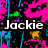 Pixelated image with bold white text 'Jackie' and 'Rulez' over a vibrant pink, blue, purple, green, yellow, and black background featuring abstract shapes.