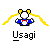 Pixel art icon of a character with yellow pigtails, blue outfit, red bow tie, and white face against gray background; text "Usagi" below.