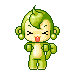 Pixelated green monkey avatar with closed eyes and red tongue, shown in multiple poses against white background.