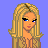 Pixel art of a blonde woman with blue eyes, wearing a patterned top and brown pants against a solid purple background.