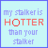 Pixelated text on light blue background with purple border reads 'my stalker's HOTTER than your stalker' in red and purple lettering.