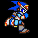 Pixel art character in blue and white armor with red accents, shown in multiple running poses against black background.