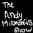 A 4-frame contact sheet of a pixelated animated icon showing repeated text "The Andy Milonakis Show" in white on black background, with varying degrees of distortion across frames.