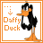 Two side-by-side pixelated frames of a Daffy Duck cartoon character with text variations, each in an orange border on white background.