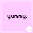 Pixelated text 'yummy.' on pink background with white border and small Pac-Man icon in bottom-right corner.