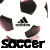 Pixelated soccer-themed icon with dark shapes on white background and red text labels on black