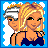 Pixel art contact sheet showing two animated frames of a cartoon woman with blonde hair and a man in a white helmet, alongside text panels reading "that is me" and "and my girl" on blue backgrounds.