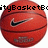 Red basketball with black Nike swoosh logo and partial text on surface, displayed in a