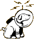 A cartoon dog in a space suit with a helmet, sitting and looking up, with brown zigzag lines above its head on a gray background.