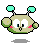 Pixelated green alien-like character with two antennae, large white eyes, and pink cheeks in four distinct poses.