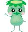 Four pixelated green cartoon characters with pink cheeks and green hair, each in distinct poses holding yellow leaf-like objects against a gray background.