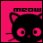 Pixelated black cat face with pink eyes and background, displaying 'MEOW' text above in blocky font.