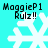 Pixelated white snowflake on cyan background with black text 'MaggieP1 Rulz!!' above each of four identical arranged in a