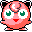 Pixelated pink character with green eyes and red mouth, black ears, white accents, and a small black-and-white checkered pattern on the head, shown in two