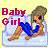 Pixelated static icon featuring a cartoon character in blue overalls and brown boots with text reading "Baby Girl" on the left side against a yellow background.