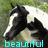 Pixelated image of a black horse with white markings on its face and legs, standing against a blurred green background with light patches.