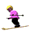 Animated contact sheet showing a child skiing in multiple frames with yellow helmet, pink polka-dot jacket, black pants, and ski poles on white background.