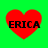 Four red heart shapes with black text "ERICA" on a bright green background, arranged in a