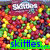 A colorful pixelated image of Skittles candies with overlaid text reading 'skittles... taste the' and 'Rainbow' in blue letters on green backgrounds.