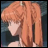 A 48x48 pixel buddy icon featuring a side-profile anime character with long orange hair and a black background containing stylized text.