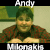 Animated contact sheet of a 2x2 grid showing three frames from an AIM buddy icon featuring Andy Milonakis with text and a smiley balloon.