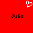 Red background with white pixelated heart symbol above two black pixelated 'Julie' texts on either side.