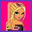 Pixel art of a blonde woman with long hair, black top, and pink lips on chest against bright pink background.