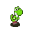 Four pixel-art frames of a green dinosaur-like character in various poses on a white background.
