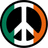 A circular peace symbol with green, white, and orange segments on the left; a bright green background with 'Go Irish!' text in pixelated red letters on the right.