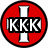Red circular icon with white cross and central red dot; top-left variant shows black 'KK' text overlay on the cross.