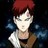 Pixelated static image of a person with short red hair, closed eyes, and a neutral expression against a dark blue background.