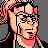 Pixelated static icon of a person with light skin tone, dark hair tied back in a ponytail, wearing glasses and a black top against a gray background.