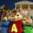 Pixelated cartoon chipmunks on red background with yellow text labels identifying characters and names.