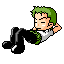 Pixel art animation of a character with green hair lying on a gray background, performing sit-ups with changing facial expressions and sleep symbols.