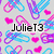 Pixelated icon with colorful paperclips and hearts on gray background, text 'JulieT3' over top, 'Random!!' over bottom, and 'Loves' over right side.