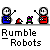 Pixel art animation of two small robots with round heads, one blue and one red, performing actions like raising arms or interacting with a green object against gray background.