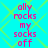 Cyan background with yellow diamond pattern, repeated pink text 'ally rocks my socks off' in vertical